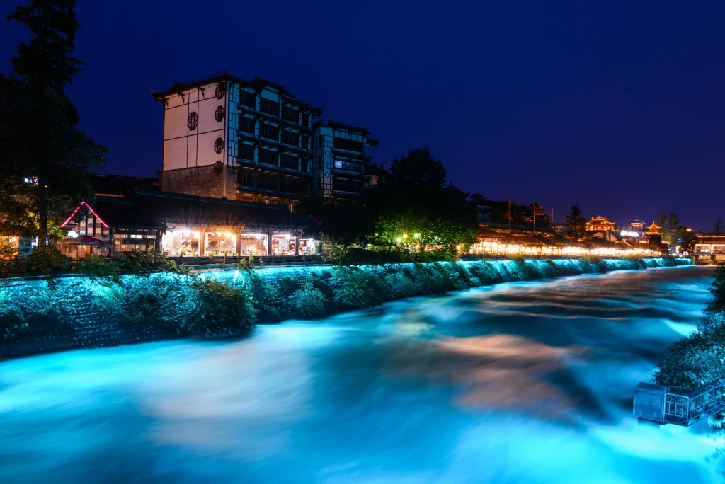Dujiangyan River surface blue lights