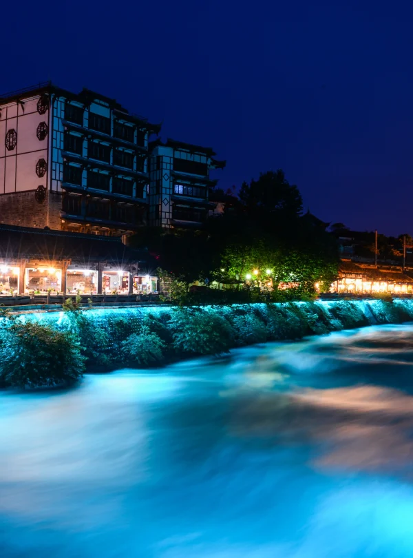 Dujiangyan River surface blue lights