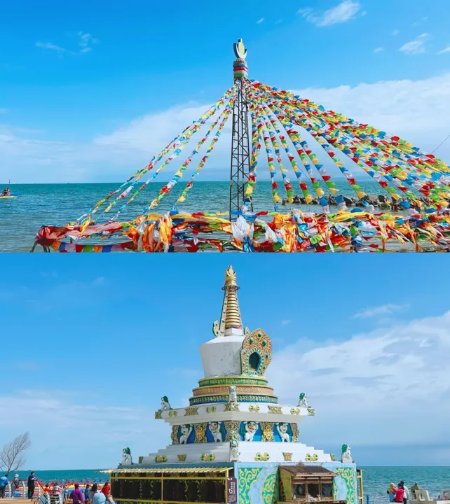 Qinghai Lake Prayer Flags and Tibetan Stupa